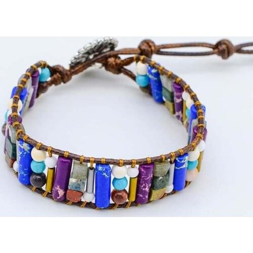 Stone Bracelet Jewelry Handmade Diverse Natural Stone Tube Beads Leather Wrap Bracelet Gifts