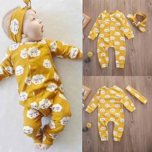 Infant Newborn Baby Kids Girls Rompers Jumpsuit Headband 2pcs Girls Sets Outfits Cute Printed Baby Girls Clothes 0-18 Months
