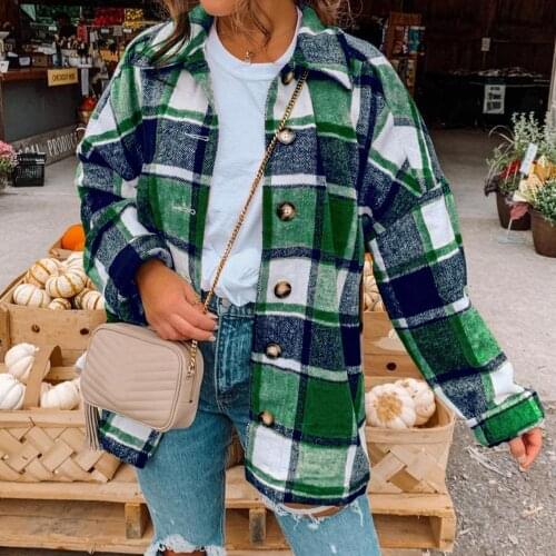 Wholesales Women Long Sleeve Plaid Shirt Jacket Autumn Winter Buttons Coat Loose Outerwear