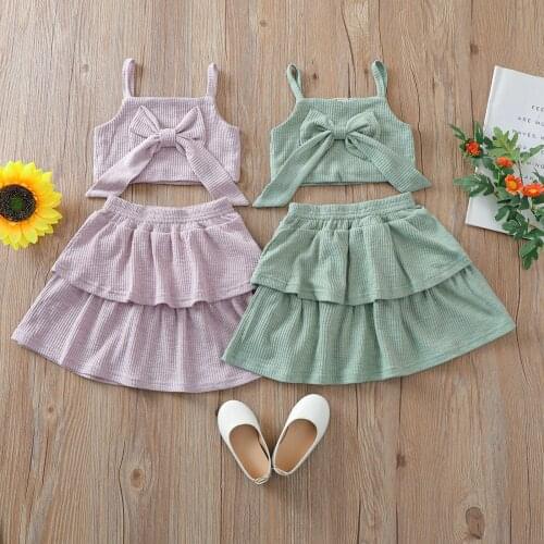 Baby Girls Summer Clothes Ribbed Set Solid Color Square Collar Cropped Tops with Bow-knot + High Waist Skirt