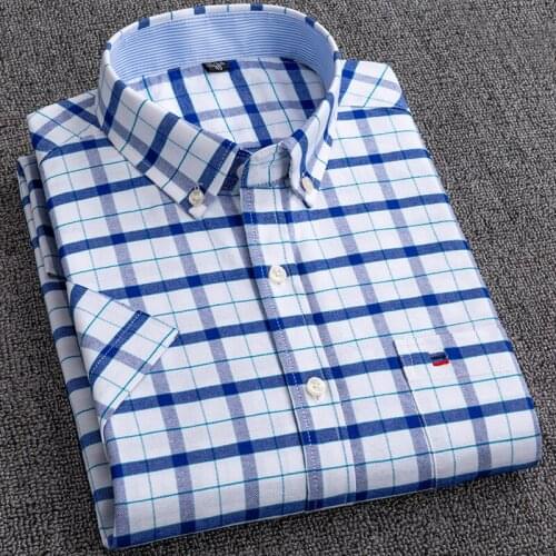 Mens Short Sleeve Oxford Plaid Striped Casual Dress Shirts Front Patch Chest Pocket Regular-fit Button-down Collar Work Shirts