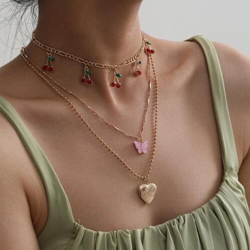 Hot Selling Cherry Choker Necklaces For Women Jewellery High Quality Pink Butterfly Heart Collar Necklaces Crystal Collier