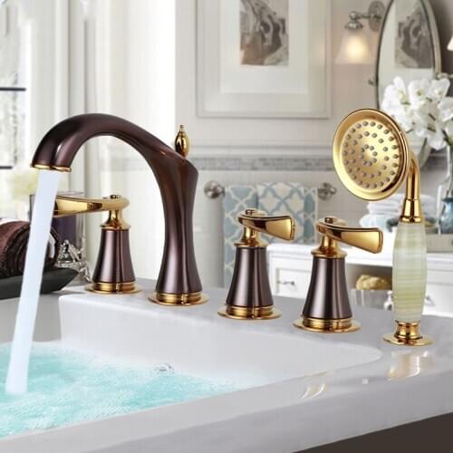 Brown Gold Brass Bathtub faucet bathroom Shower faucet five holes Cold and hot water mixer tap with handheld shower head