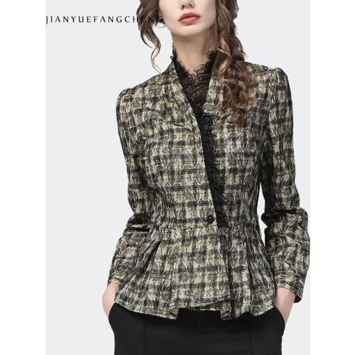 Intellectual OL Professional Shirt Jacket Female 2021 Autumn New Plaid Blouse Temperament V-neck Lace Long-Sleeve Tops