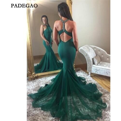 Mermaid Green Evening Dresses With Beading Sleeveless Sweep Train Open Back Elegant Evening Gowns Custom Made
