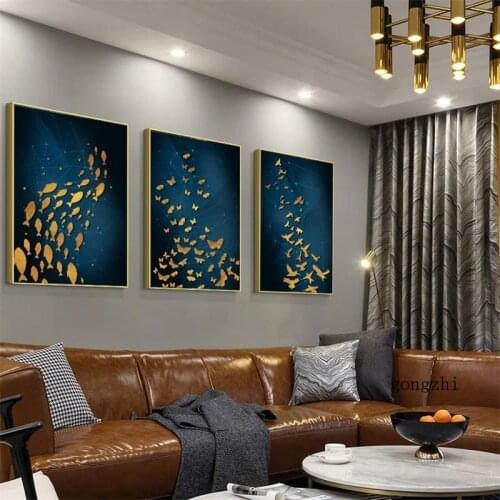 Golden Fish Butterfly Abstract Nordic Posters Canvas Painting and Prints Modern Luxury Wall Art Pictures Living Room Home Decor