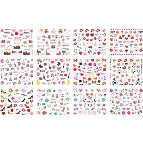 12 PACK/ LOT WATER DECAL NAIL ART NAIL STICKER VALENTINE LIP STICK HIGH HEEL SHOES PERFUME BOTTLE ROSE BN769-780
