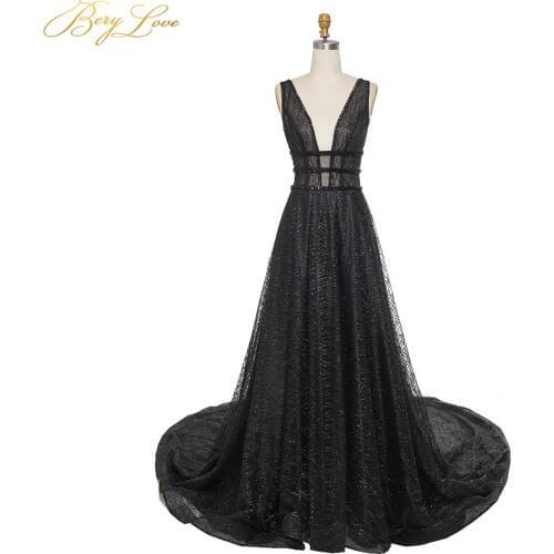 Shiny Black Evening Dresses New Sexy Neck Open Back Gown Beading Belt Sash Illusion Bodice Formal Party Prom Dresses Black Gown