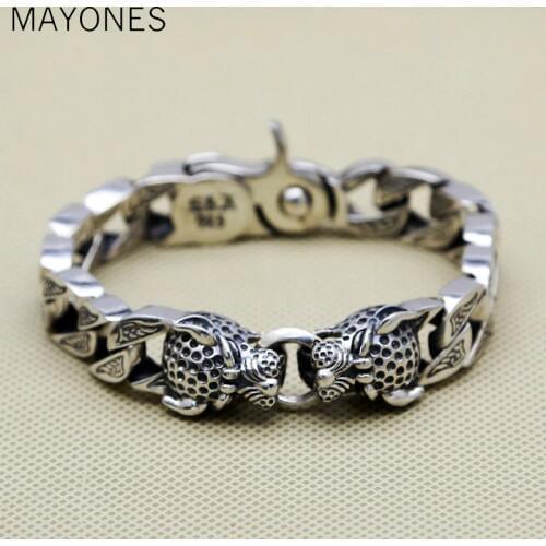 13mm Double Leopard Head Bracelet Men 64.1g 100% Pure Solid Sterling Silver 925 Top Fashion Antique Silver 925 Jewelry Men Gift