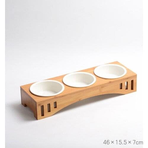 Wood Bamboo Frame Stainless Steel Ceramic Cat And Dog Double Bowl Bamboo Cat And Dog Pet Feeder difficult to knock over