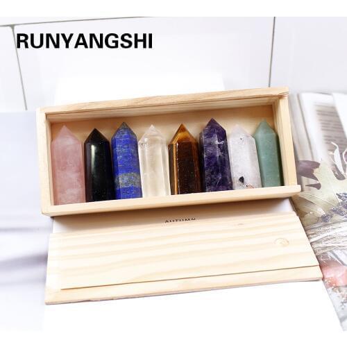 1set Wooden box gift box High quality Decorative Natural Hand Carved crystal points quartz wand pillar for sale healing Wand
