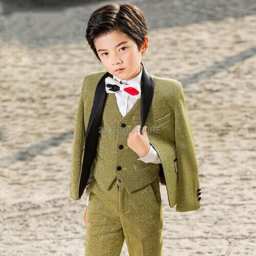 Kids Jacket Vest Pant 3Pcs Formal Dress Children Piano Stage Show Performance Costume Flower Boys Luxurious Shining Wedding Suit