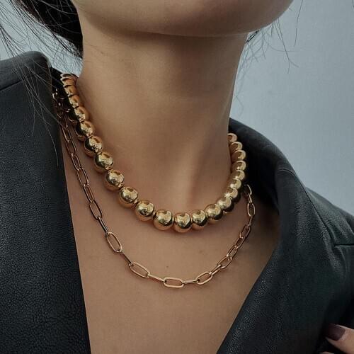 FFLACELL 2020 Chic Hip-pop Rock Punk Exaggerated Double-layer Gold Metal Beaded Chokers Link Chains Necklaces for Women Jewelry