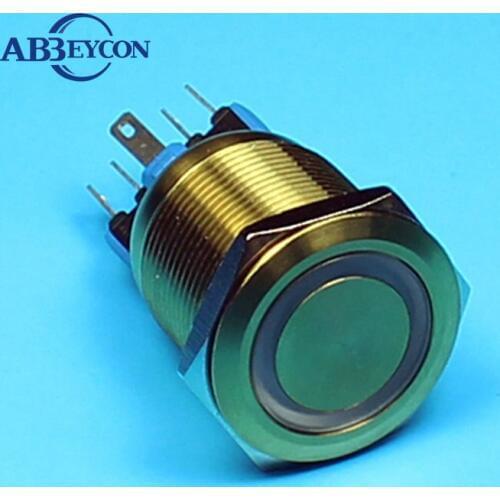 5pcs/Lot Latching 22mm CE ROHS 1NO1NC golden general aluminium alloy 36V chrome push button switch with LED 3V 5V 12V 24V 220V