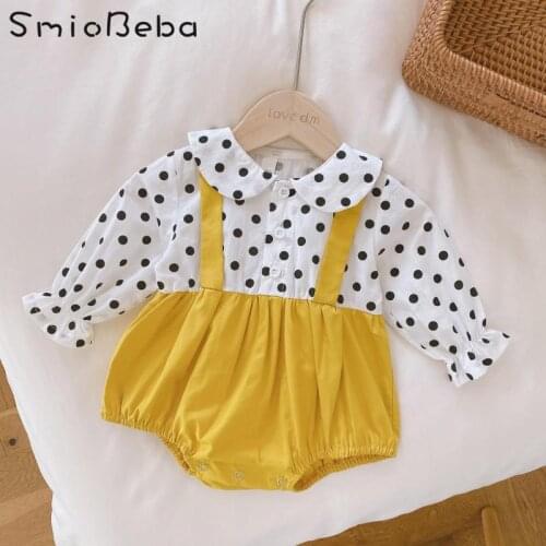 0-2 Year Baby Girls Polka Dot Jumpsuits Clothes Infant Newborn Braces Fake Two Pieces Of Doll Collar Climbing Rompers Clothes