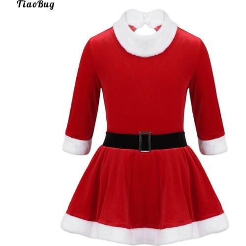 TiaoBug Kid Girls Christmas Santa Dance Costume Keyhole Back Figure Ice Skating Roller Skating Ballet Dance Velvet Leotard Dress