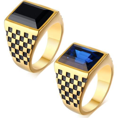 Blue &Black Glass stone ring for men 18k yellow gold color stainless steel cool fashion gentleman finger band jewelry size7to12