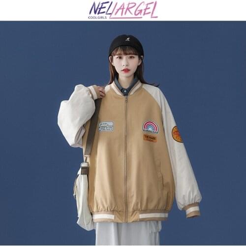 NELLARGEL Women Rainbow Patchwork Vintage Baseball Jacket 2021 Female Harajuku Racer Y2k Jacket Girl Streetwear Varsity Jacket