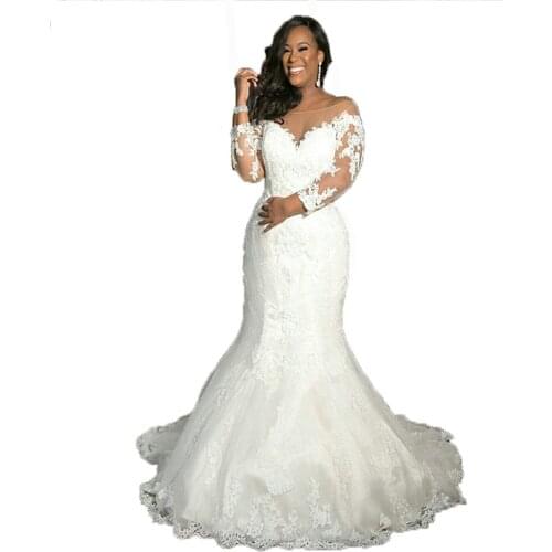 2020 new elegant white long-sleeved mermaid wedding dress V-neck black girl lace wedding dress custom