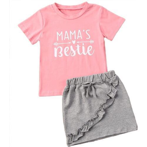 NEW 2020 Summer Baby Girls Clothes Sets Lovely Letter Print Pink Short Sleeve T Shirts Tops+Grey Mini Skirts 1-6Y