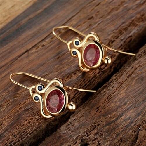 Charm Crystal Wedding Earrings Antique Red Oval Stone Drop Earrings Vintage Fashion Yellow Gold Color Dangle Earrings For Women
