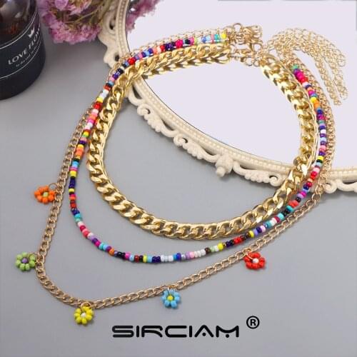 Fashion Multilayer Colorful Beaded Necklace For Women Flower Charm Metal Chain Mix Color Bead Strand Cuban Chunky Necklaces 2021