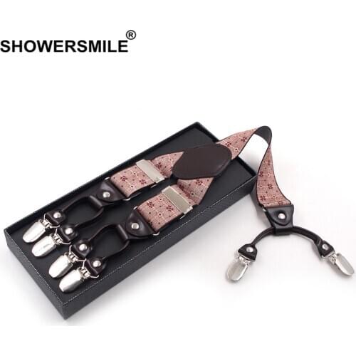 SHOWERSMILE Elasticated Adult Suspenders Men Braces 6 Clip Plaid Floral Leather Strap Brand Male Elastic Suspenders 3.5cm*120cm