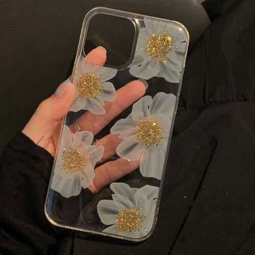 Girl Gift Glitter Flower daisy marble Shiny Soft silicon phone case for iphone 12 7 8 Plus X XS XR MAX 11 Pro Transparent Cover