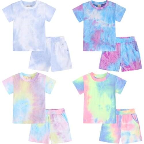 New Summer Toddler Kids Baby Boys Girls Clothes Tracksuit Sets Tie-dye Printed Short Sleeve Tops Shorts Casual Outfits