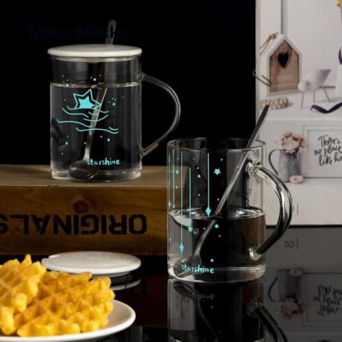 480mL Starry Sky Luminous Glass Cup with Lid and Spoon Creative Transparent Heat-resistant Milk Glass Mug Gifts for Friends