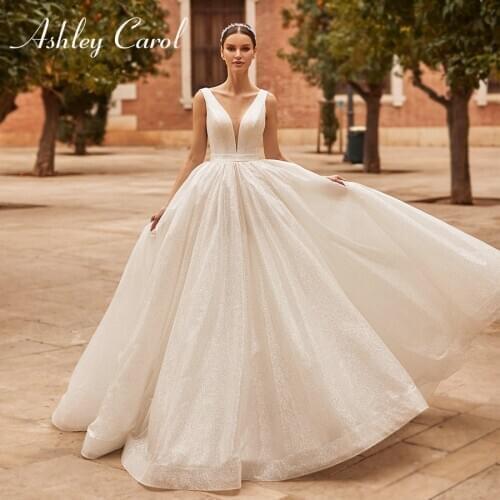 Ashley Carol Princess Wedding Dress 2021 Elegant Backless V-neck Shining Sleeveless Bride A-Line Bridal Dresses Vestido De Noiva