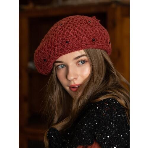 X025 Adult Knitting Hats Handmade Flower Beret Female British Retro Hat Unisex Painter Cap Korean Style Fashion Pumpkin Hats