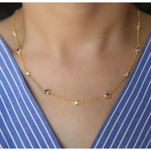 White purple bezel cubic zirconia women chain delicate copper brass with AAA CZ zirconia chain simple stunning necklace