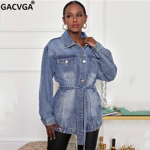GACVGA 2021 Denim Jackets With Belt Women Plus Size Casual Midi Jean Jacket Streetwear Vintage Cowboy Autumn Winter Loose Coats