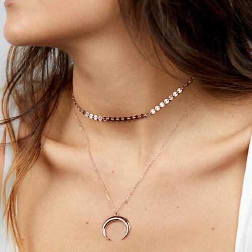 Fashion Boho Dual Chain Fine Sequins and Long Chain Moon Pendant Choker Necklace for Women Girl Neck Jewelry Necklaces