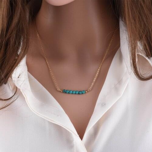 2017 Trendy Bohemia Bar Pendant Necklace Simple Style Gold Color Chain Nature Green Stone Beaded Balance Bar Necklace Women