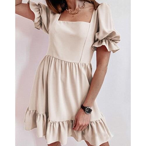 Casual lantern sleeve ruffles mini dress women summer fashion pure color slim dresses for women 2021 pink a-line robe femme