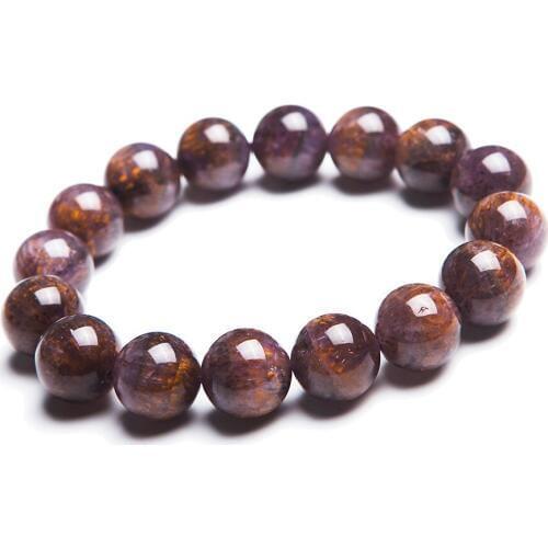 13mm Natural Genuine Purple Golden Titanium Cacoxenite Round Beads Jewelry Stretch Charm Bracelet Free Shipping
