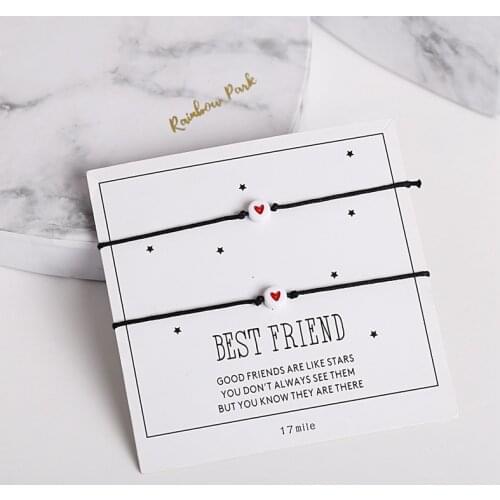 2 Pcs Minimalist Red Heart Charm Bracelet with Card Girl Best Friend Pulsera for Women Black Rope Bangle Friendship Jewelry Gift