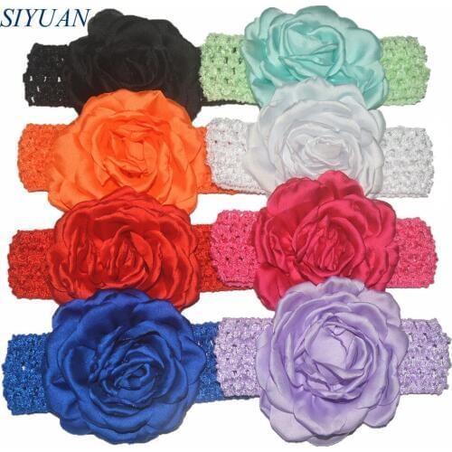 54pcs/lot Hair Accessories Crochet Elastic Headband with Large Satin Burned Flower Kids Baptism Shower Headwear HB016