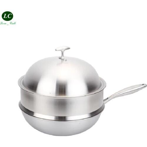 Free shipping wok United 5-ply material cooker stainless steel cookware non-stick flat bottom pot no coating wok smokeless