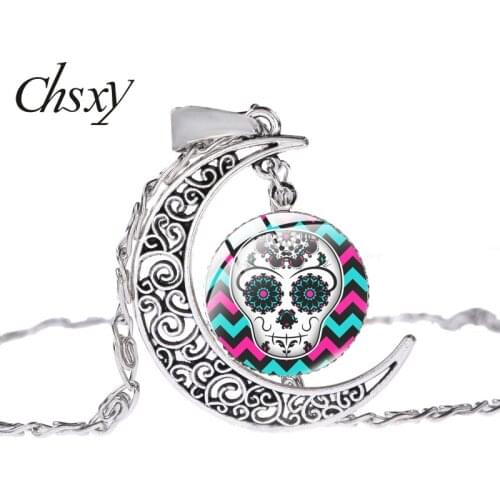CHSXY Vintage Colorful Floral Sugar Skull Poster Moon Necklace Fashion Pendant Jewelry Necklace For Men Women Gifts Accessorise