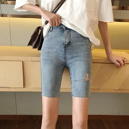 Vintage Stretch Denim Shorts Korean Retro High Waist Ripped Bodycon Jeans Women High Waist Bicycle Bike Half Length Shorts Girl