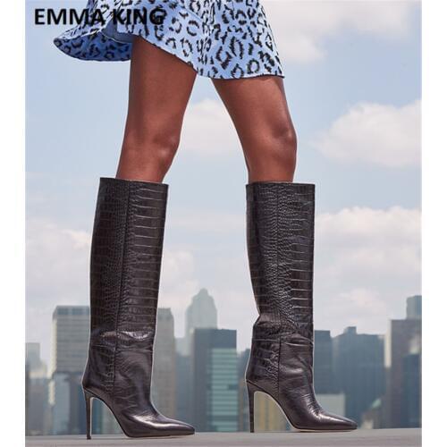 EMMA KING Embossed Leather Stiletto Boots Autumn Winter Pointed Toe Knee High Boots Women Chaps Street Thigh High Boots Botas