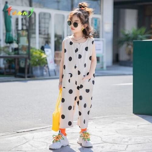 Polka Dot Button Casual Girls Jumpsuit Summer 2020 Sleeveless Pocket Girl Overalls Cotton Wide Leg Kids Jumpsuits 6 8 10 12 Year