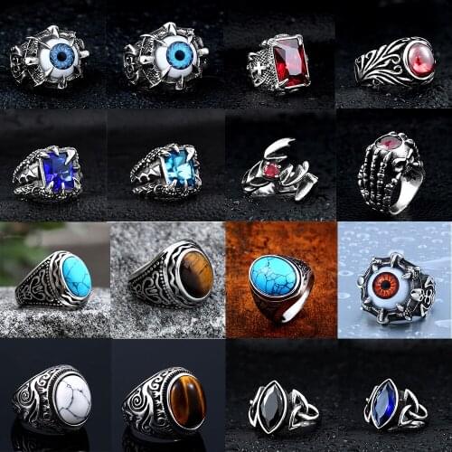 Punk Crystal Mens Rings 316L Stainless Steel Red Blue Green CZ Stones Claw Golden Black Scorpion Rings Crown Skull Boy jewelry