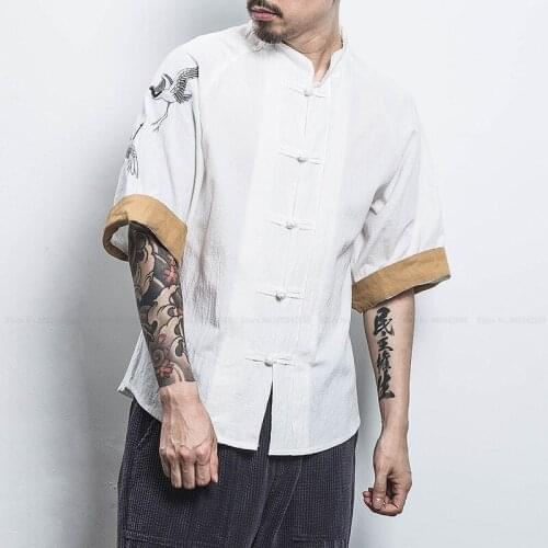 Men Chinese Style Fashion Tops Retro Embroidery Cardigan Shirts Trousers Kung Fu Casual Wide Leg Pants Japanese Harajuku Blouse