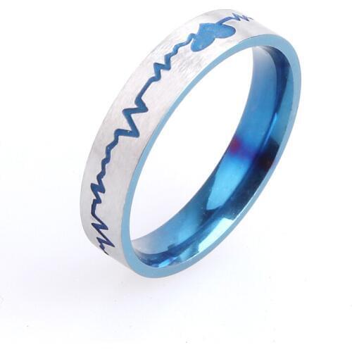 4mm blue Love Electrocardiogram 316L Stainless Steel wedding rings for women men wholesale