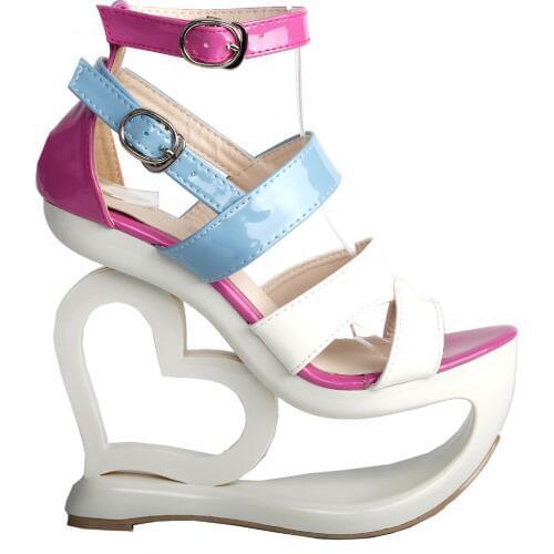 LF40203 Sexy White Pink Blue Strappy Heart Heel Wedge Wedding Sandals Sz 4/5/6/7/8/9/10