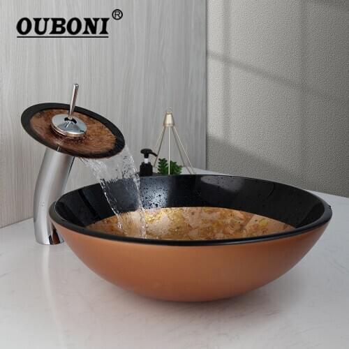 OUBONI Light Brown Basin Glass Sinks Bathroom Victory Vessel Washbasin Tempered Glass Sink With Chrome Waterfall Faucet Set